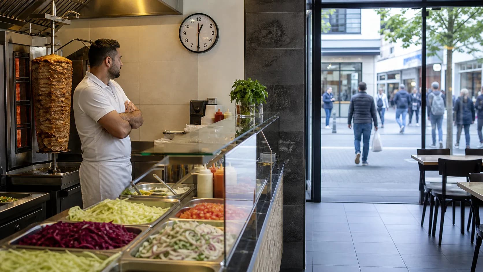 Kebab vuoto a pranzo — simbolo dei clienti di passaggio mancanti