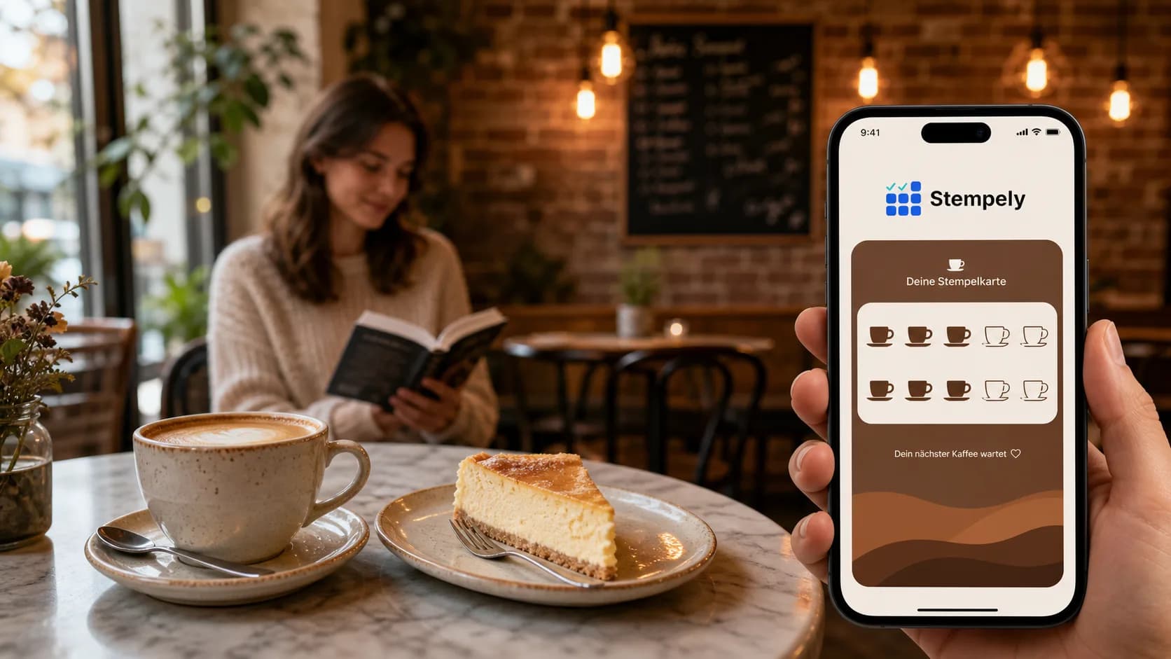 Barista con l'app Stempely alla macchina dell'espresso, tessera a punti digitale per caffè e coffee shop