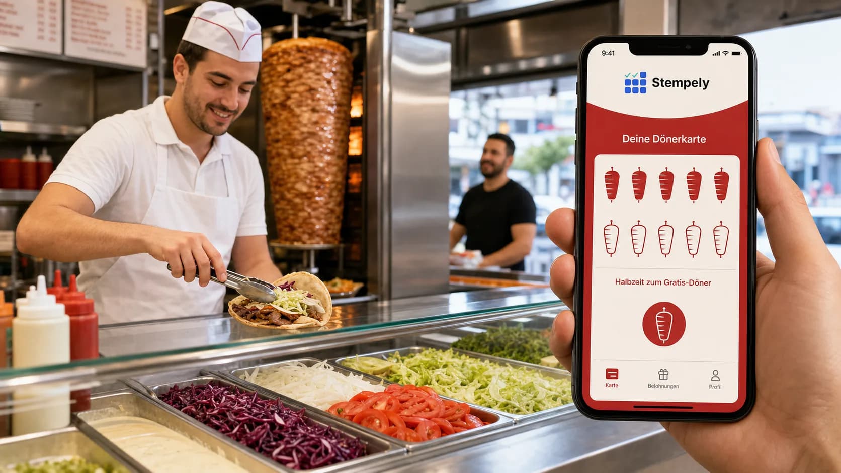 Kebabbaro con l’app Stempely al bancone, carta fedeltà digitale per kebab e döner