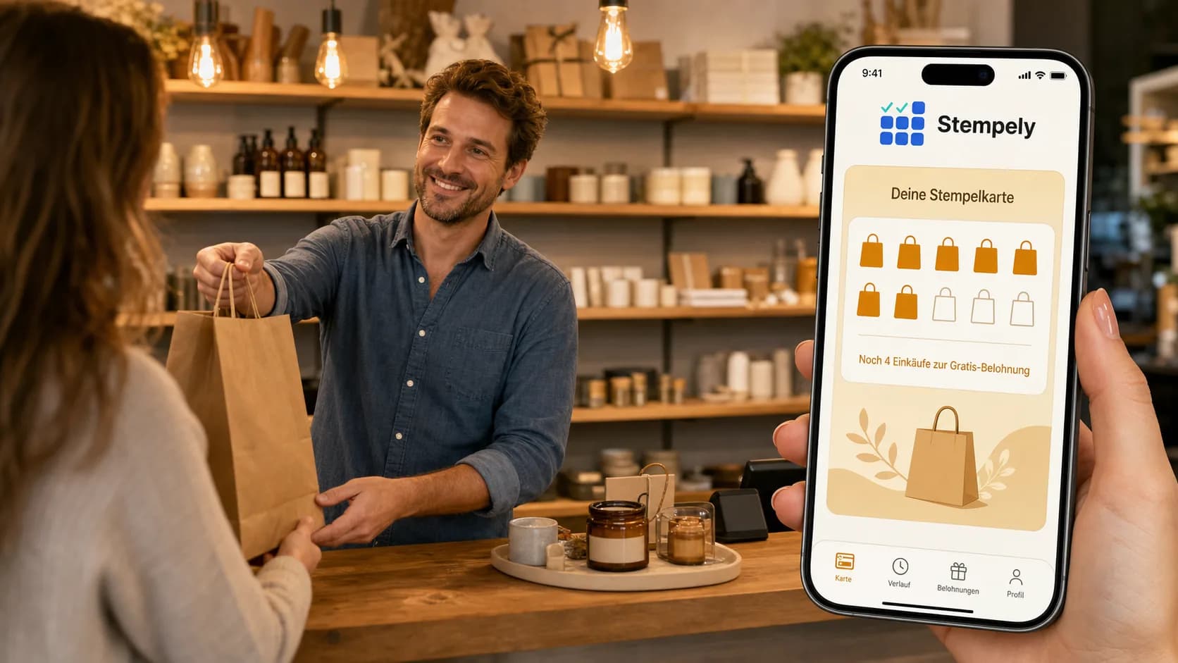 Commessa con l'app Stempely alla cassa, tessera fedeltà digitale per retail e boutique