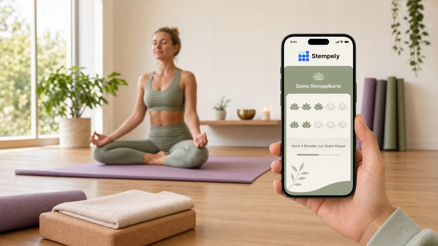 Insegnante di yoga con l’app Stempely nella sala dello studio, tessera fedeltà digitale per studio di yoga e studio di Pilates