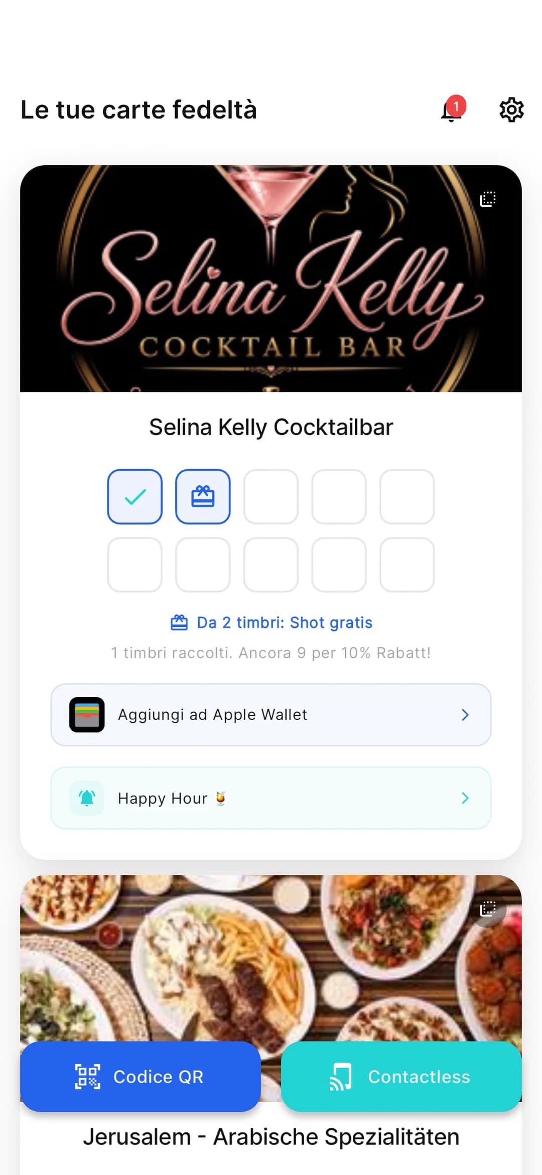 App Stempely: schermata iniziale con più carte fedeltà