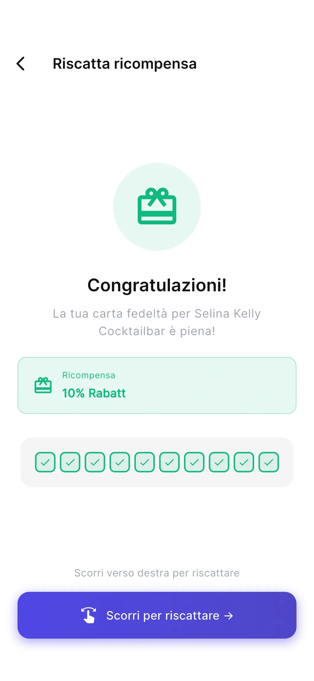 App Stempely: carta fedeltà piena con pulsante "Riscatta"