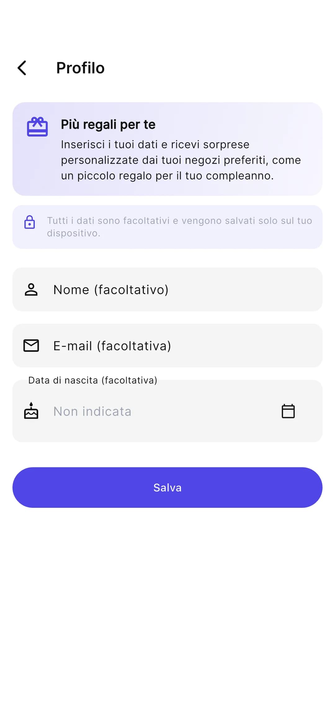 App Stempely: profilo con nome e compleanno
