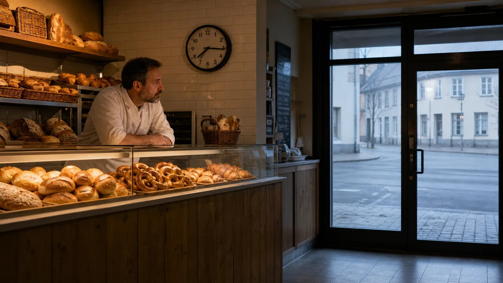 Bancone di panetteria vuoto di prima mattina — simbolo dei clienti abituali che non vengono più