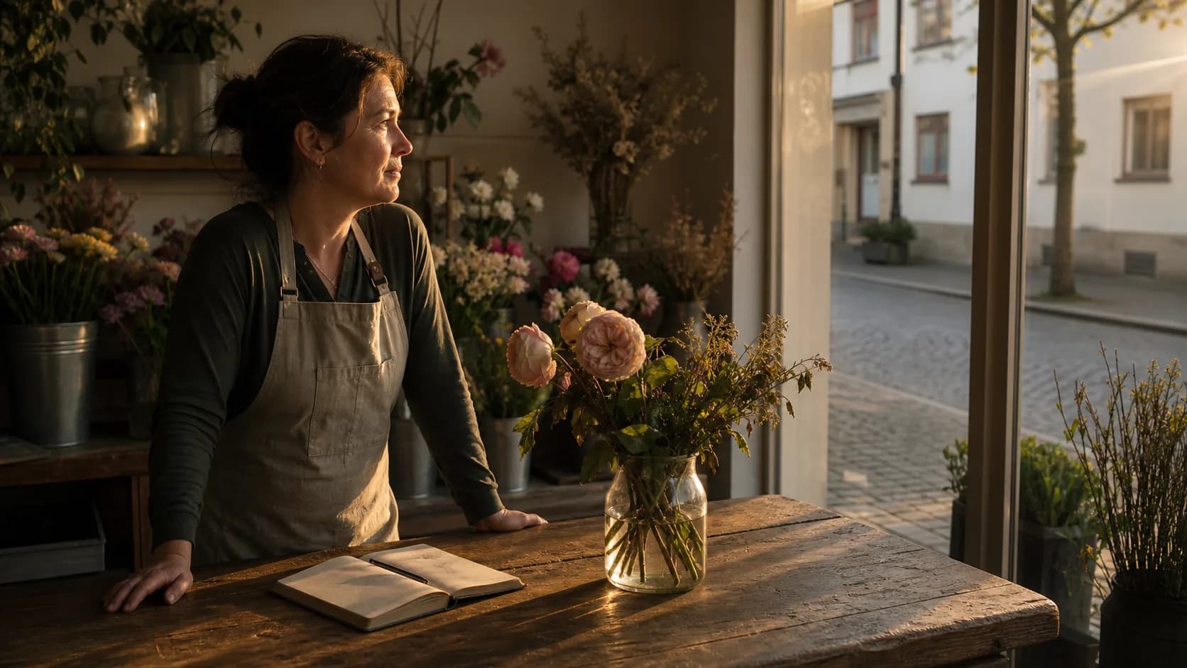 Negozio di fiori vuoto nel tardo pomeriggio, simbolo della mancanza di clientela abituale