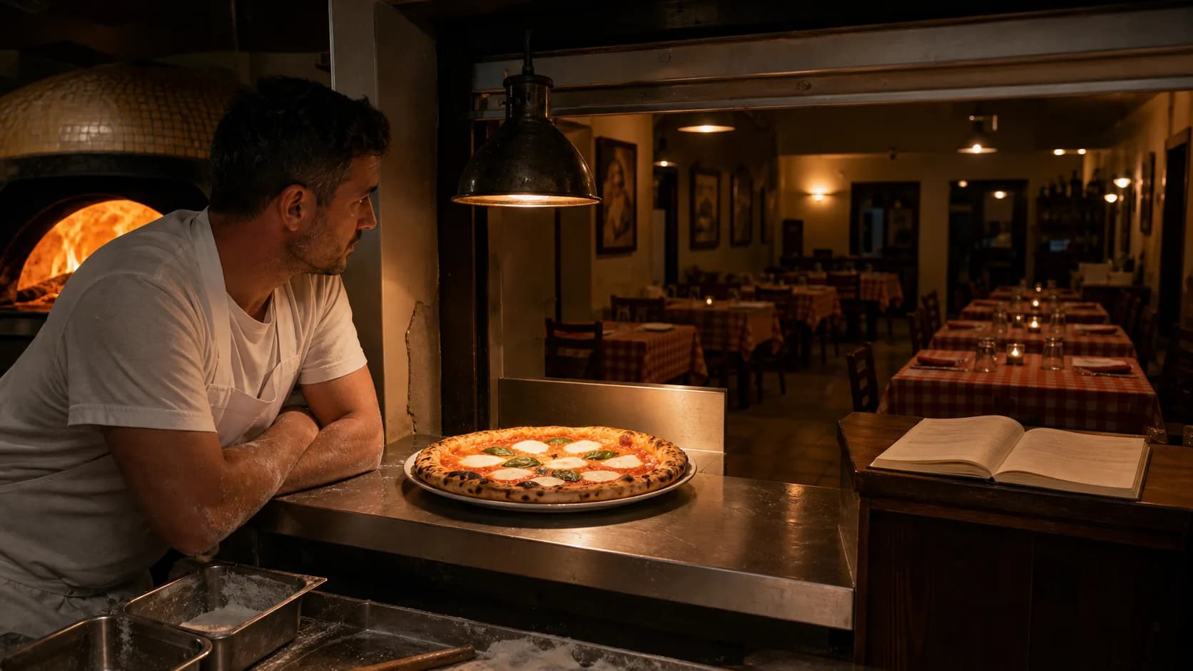 Sala di pizzeria vuota un venerdì sera — simbolo dei clienti abituali persi