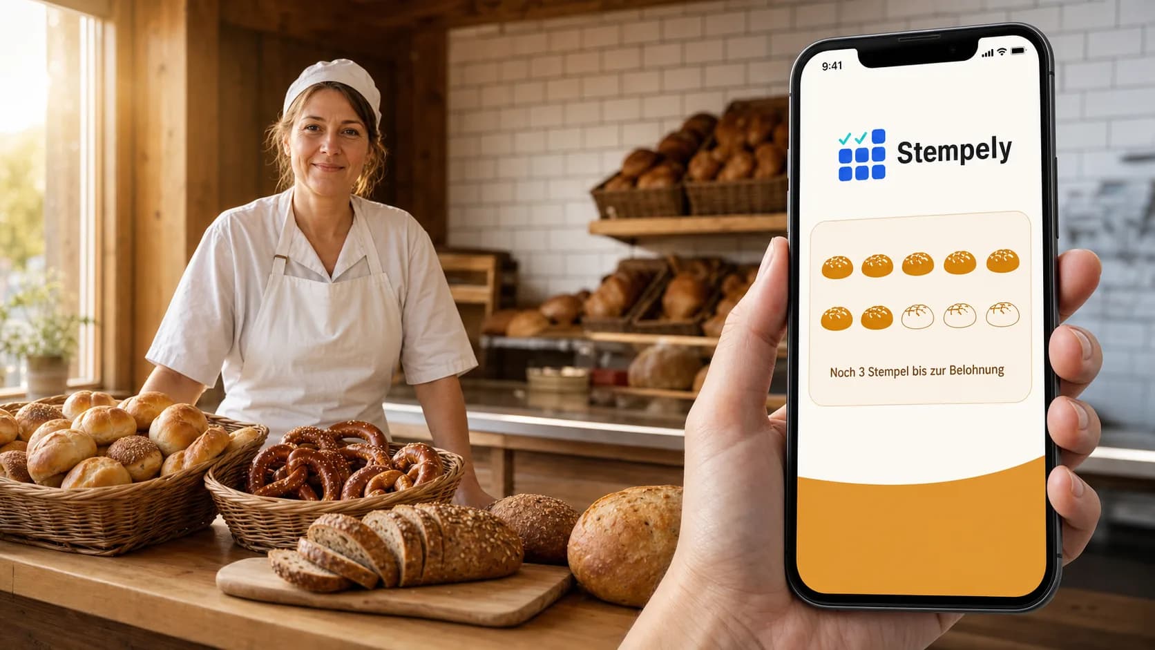 Panettiera con l'app Stempely al bancone del pane, tessera fedeltà digitale per panetteria e rivendita di pane