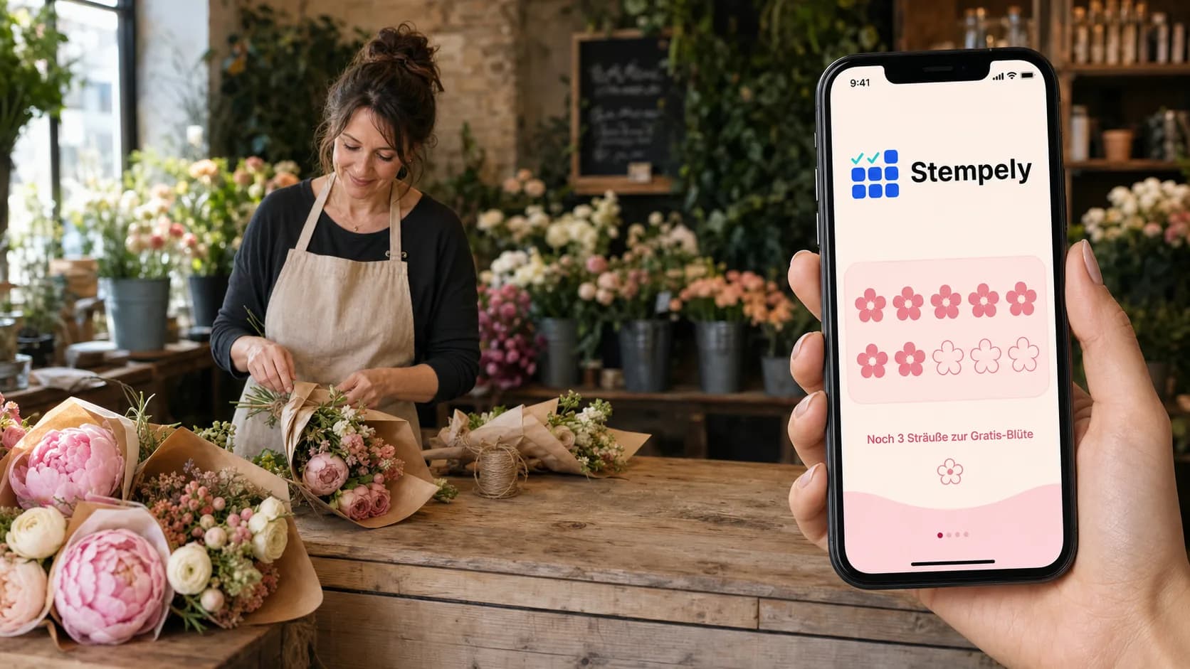 Fiorista con l'app Stempely al tavolo di legatura, tessera fedeltà digitale per negozio di fiori e floristica