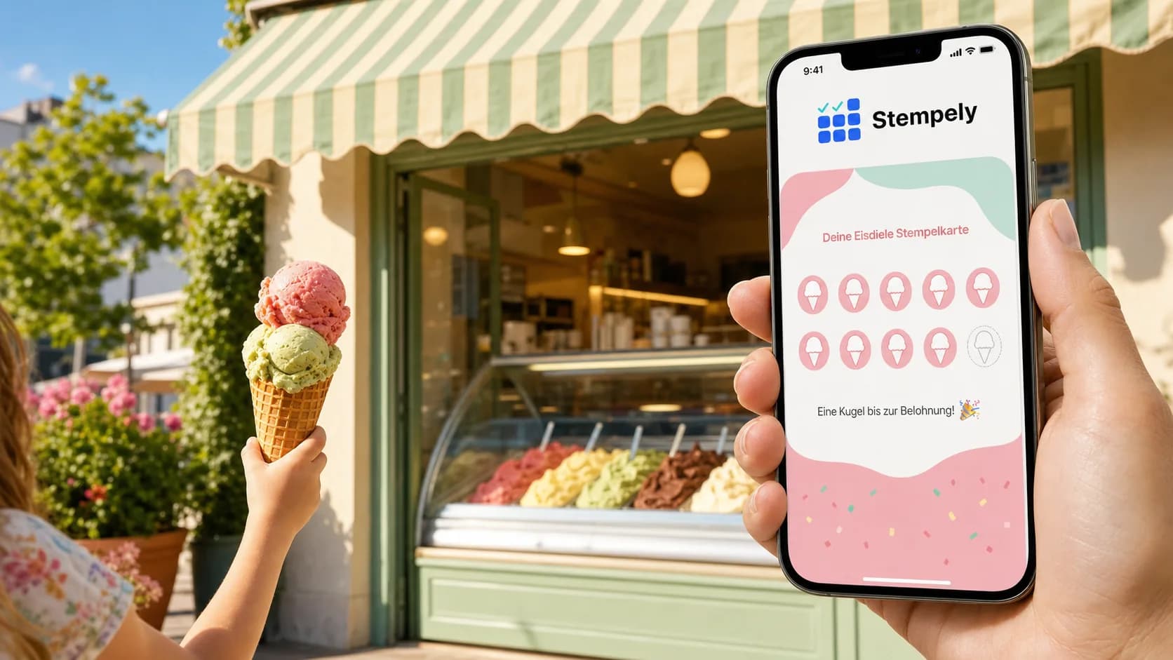 Gelataio con l'app Stempely alla vetrina dei gelati, tessera punti digitale per gelateria e gelateria
