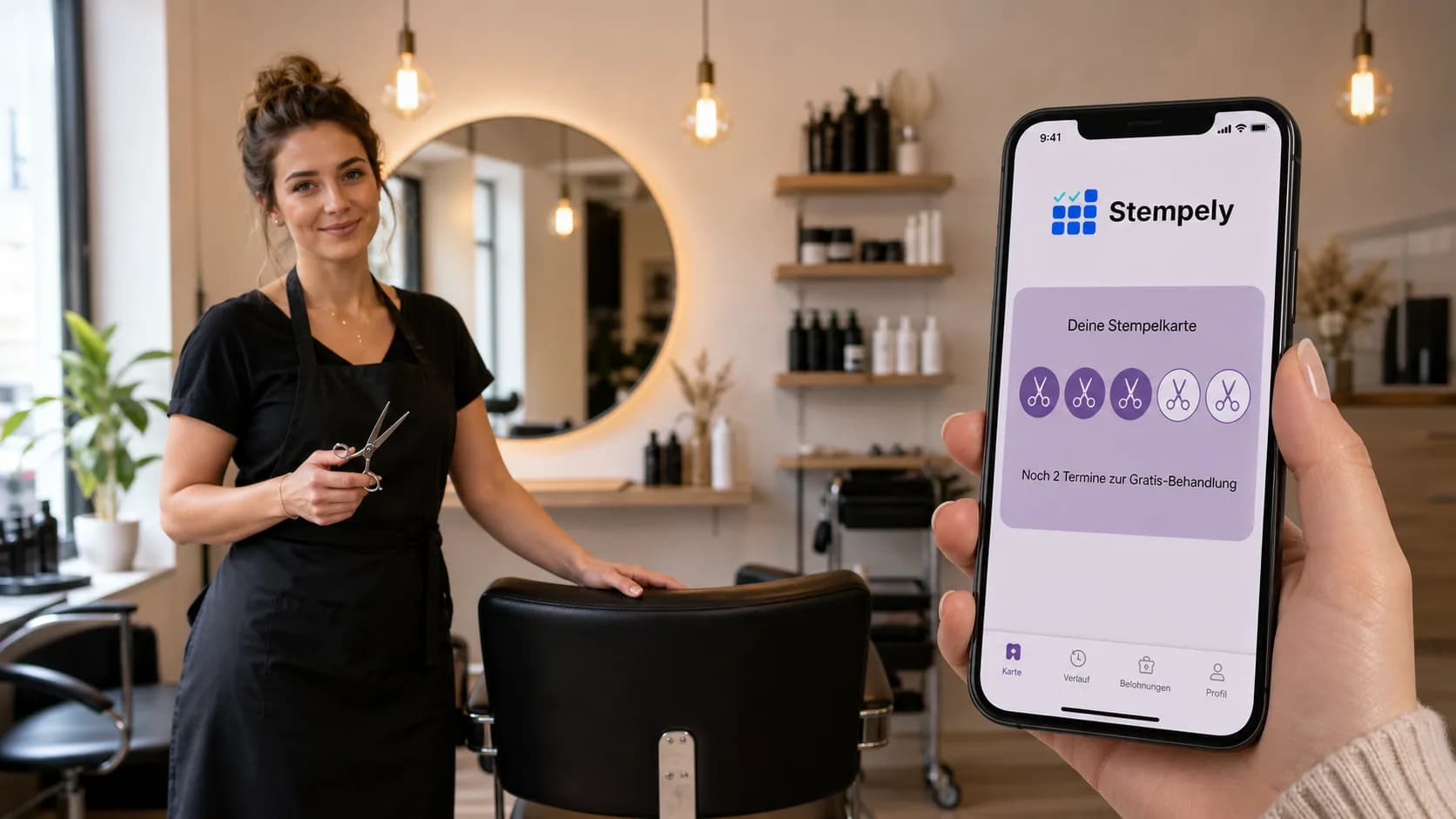 Parrucchiere con l'app Stempely al banco del salone, tessera fedeltà digitale per parrucchieri e barbershop