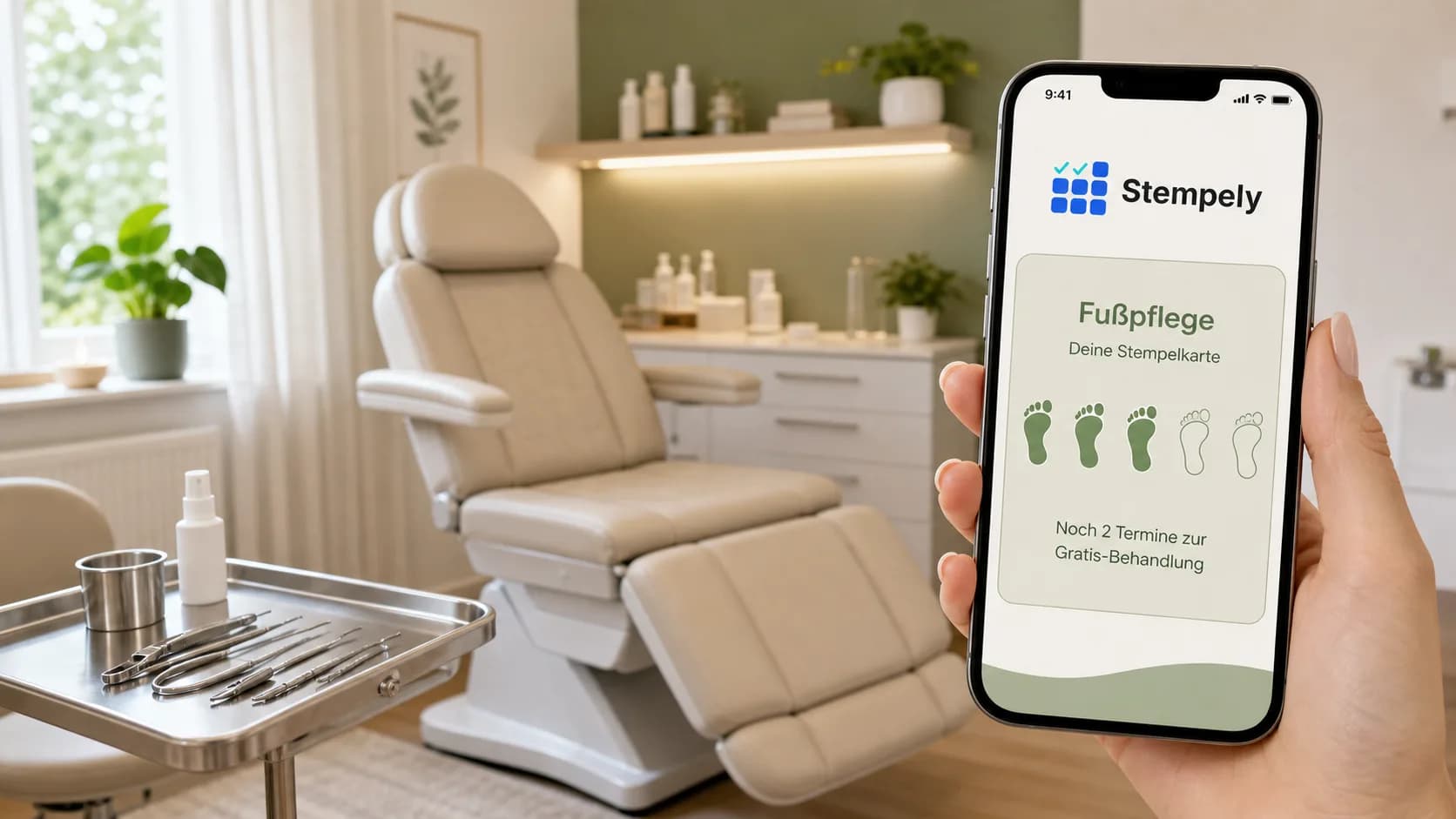 Specialista della cura dei piedi con l'app Stempely nella sala trattamenti, tessera punti digitale per la cura dei piedi e la podologia