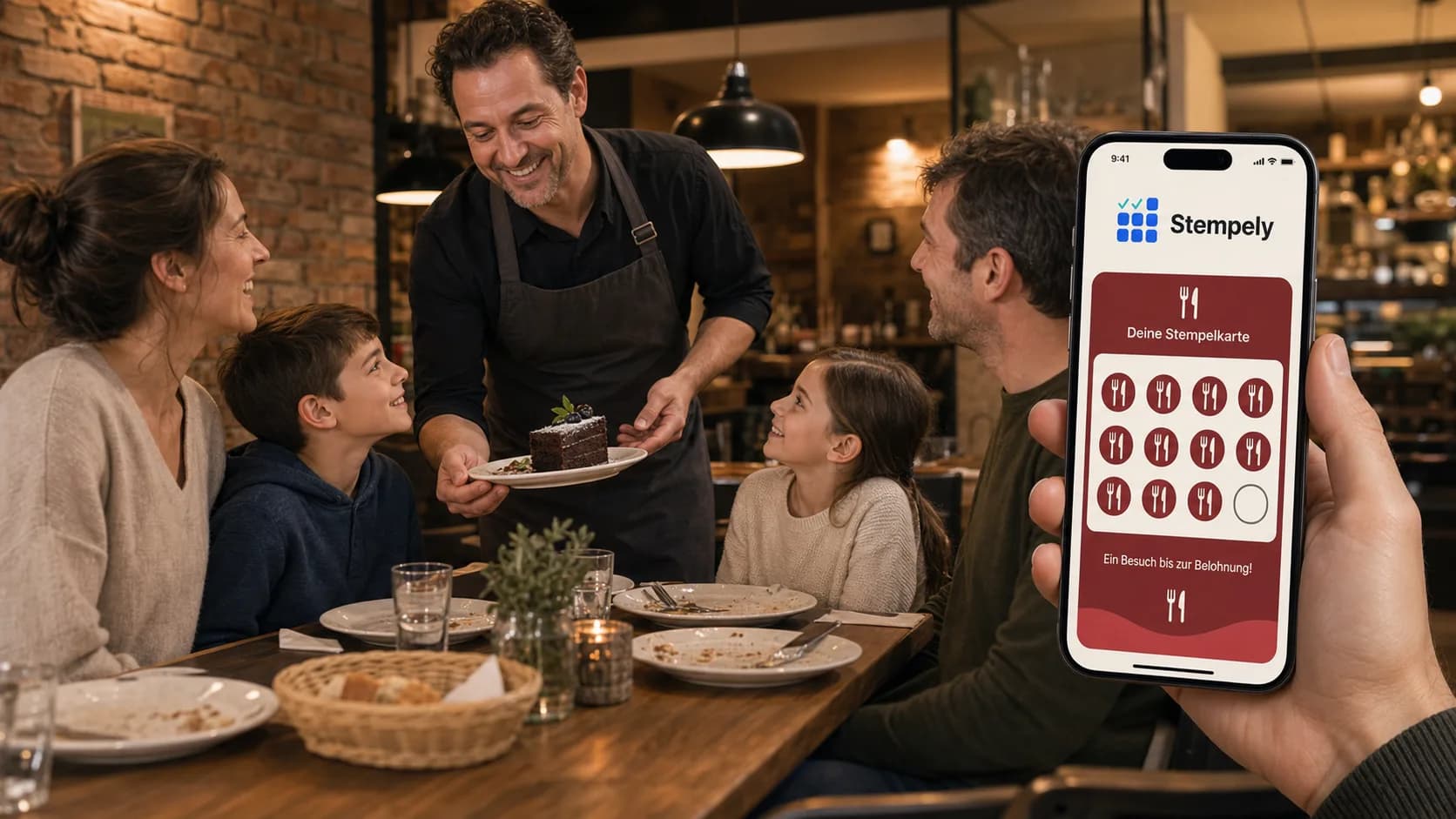 Cameriera con l'app Stempely a un tavolo del ristorante, tessera fedeltà digitale per ristorazione e ristoranti