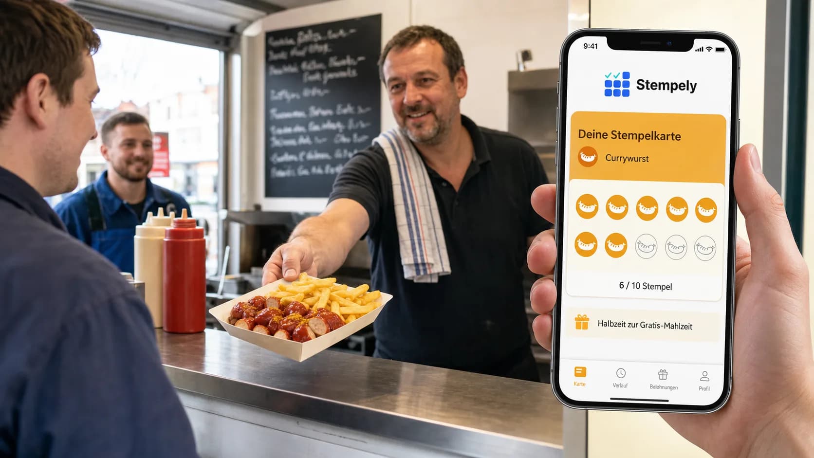 Titolare di chiosco con l'app Stempely al bancone, tessera fedeltà digitale per chiosco e paninoteca
